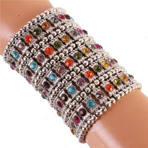 Gorgeous Bohemian India Style Crystal Silver Wide Cuff Stretch Bracelet NEW